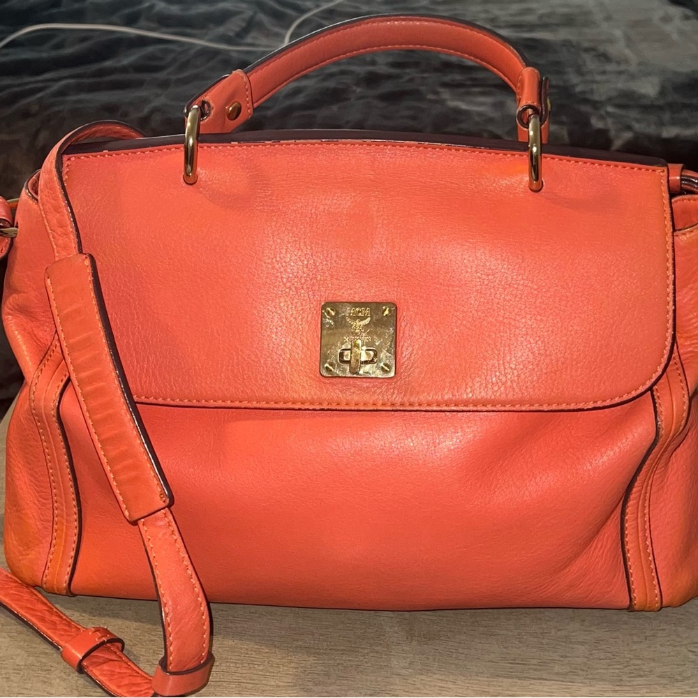 MCM Handbag Orange Satchel Leather Crossbody Shoulder Bag  Tote Travel Purse